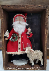 Primitive Santa  in a Antique Wooden Box