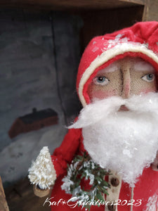 Primitive Santa  in a Antique Wooden Box