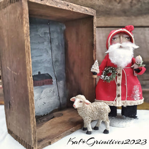 Primitive Santa  in a Antique Wooden Box